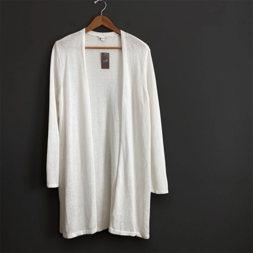 NEW J.Jill Linen White Open Front Long Sweater Knit Cardigan Neutral Coastal L - Picture 2 of 8